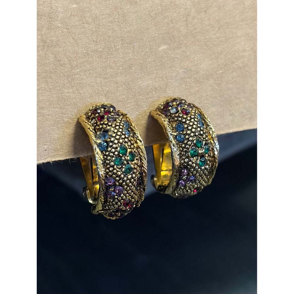 Bergere Clip On Earrings Gold Colorful Rhinestone Vintage Byzantine Hoops Art